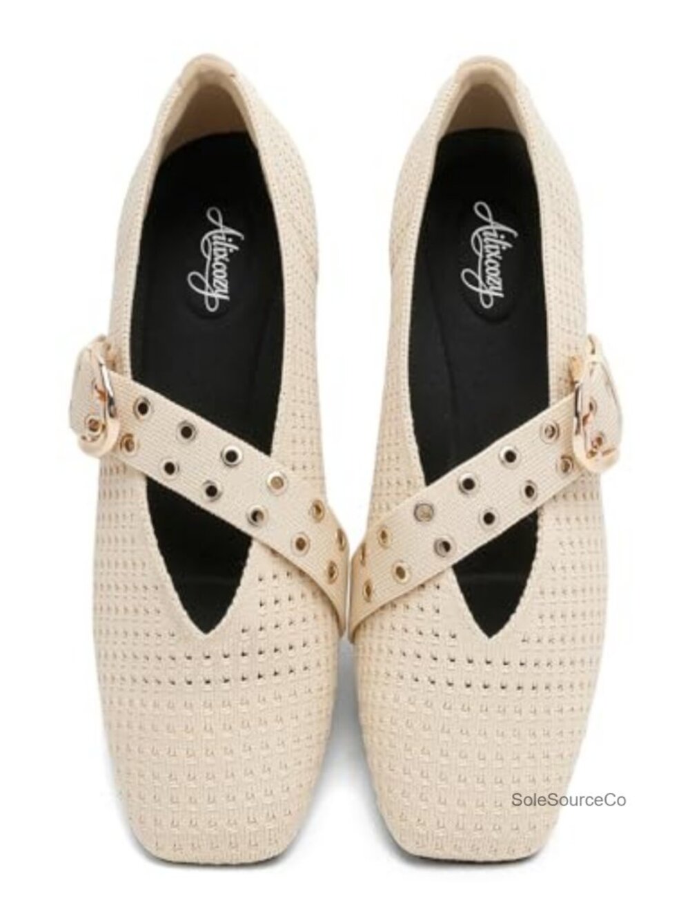 Women's Washable Mesh Ballet Flats Square Toe Mary Jane with Buckle Arch Support